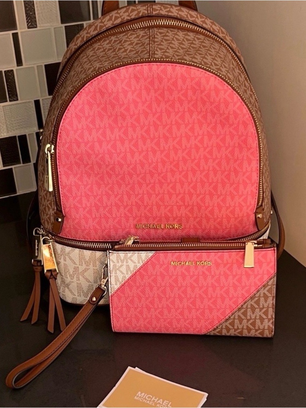 Michael Kors Pink and Brown Logo Backpack with Matching Wallet